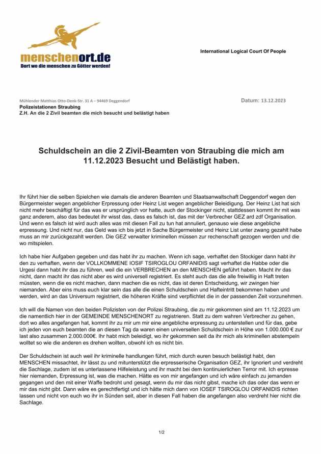 Schuldschein an die 2 Zivil-Beamten von Straubing